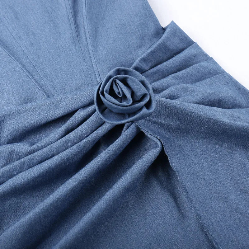 Flower Denim Mini Dress For Women Fashion Strapless Backless Ruched Dresses Femme Sleeveless Skinny Sexy Dress