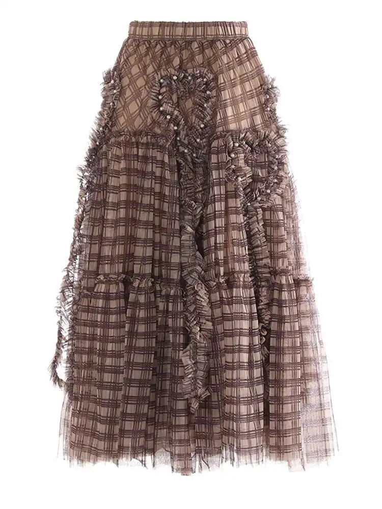 High Elastic Waist Brown Plaid Ruffles Tassels A-line Half-body Skirt Women Fashion Tide New Spring Autumn 2025 1DH9355