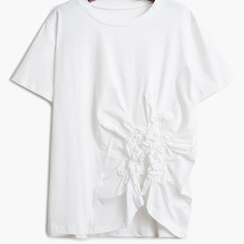 Load image into Gallery viewer, Women Black Pleated Irregular Hem Big Size T-shirt New Round Neck Long Sleeve Fashion Tide Spring Autumn 2025 1DH9924
