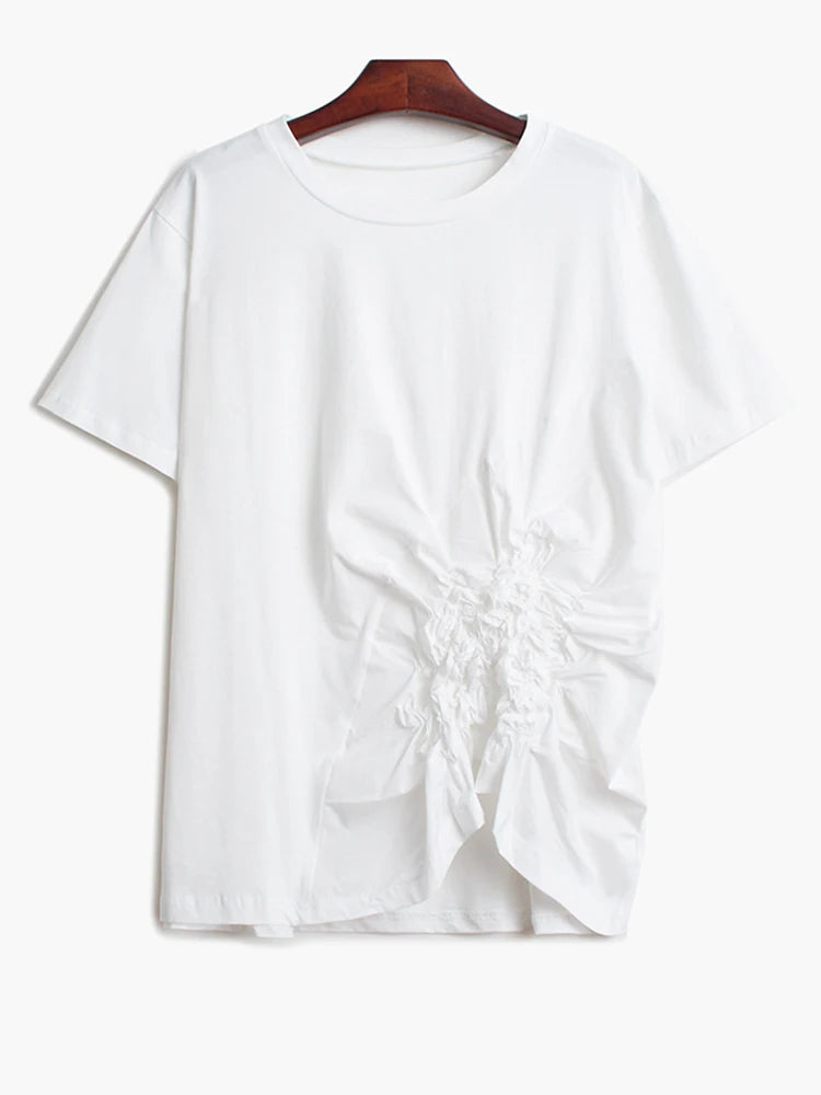 Women Black Pleated Irregular Hem Big Size T-shirt New Round Neck Long Sleeve Fashion Tide Spring Autumn 2025 1DH9924