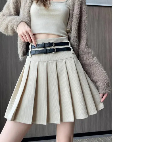 Load image into Gallery viewer, French Fashion Black Beige High Waist Mini Pleated Skirt Women 2024 New Autumn Winter Retro Brown Corduroy Versatile Short Skirt
