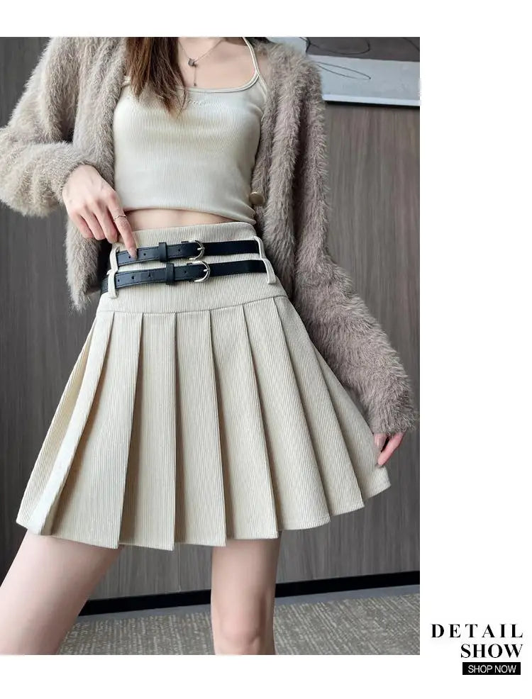 French Fashion Black Beige High Waist Mini Pleated Skirt Women 2024 New Autumn Winter Retro Brown Corduroy Versatile Short Skirt