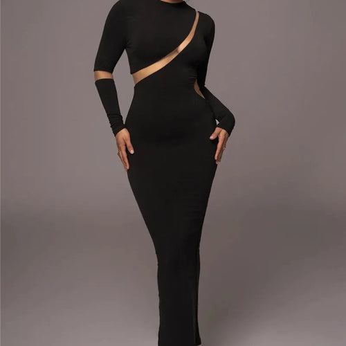 Load image into Gallery viewer, Turtleneck Long Sleeve Bodycon Maxi Dress For Women Autumn New Patchwork Hollow Out Club Party Sexy Long Dress Vestidos
