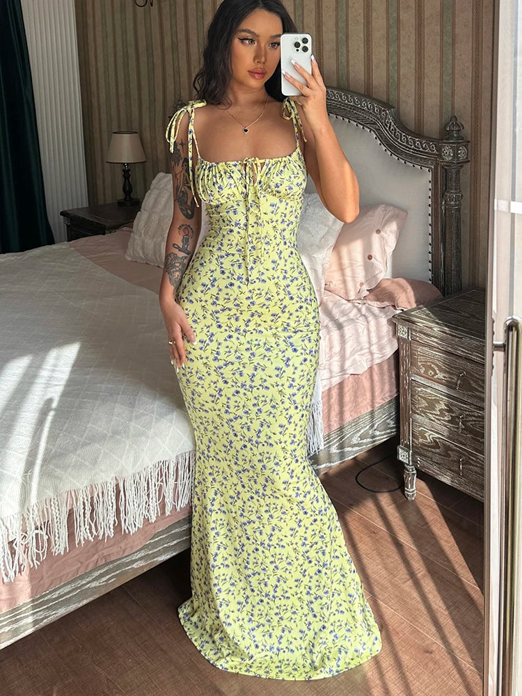 Floral Print Sleeveless Backless Slips Lace Up Maxi Dress Sexy Bodycon Summer Elegant Outfits Holiday Party Wholesale