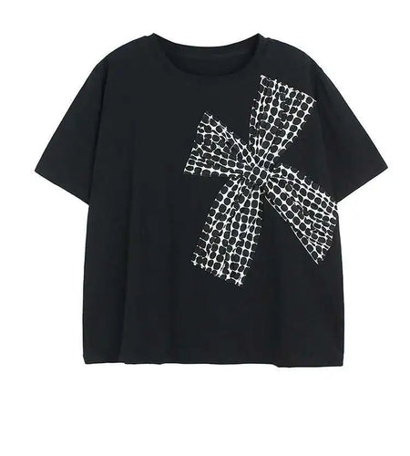 Women Black Plaid Bow Big Size Casual T-shirt New Round Neck Short Sleeve Fashion Tide Spring Summer 2025 1DE9057