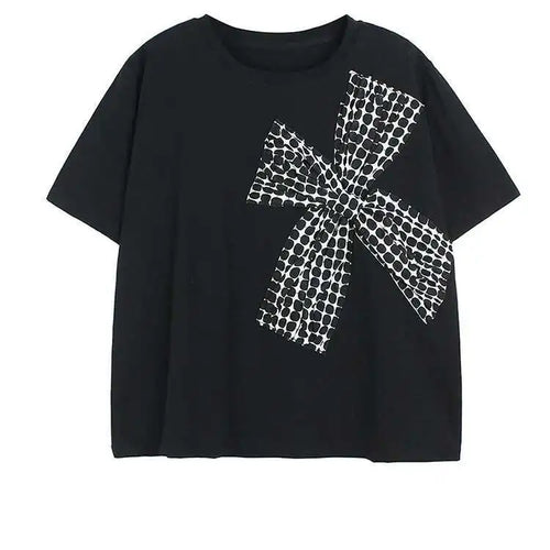 Load image into Gallery viewer, Women Black Plaid Bow Big Size Casual T-shirt New Round Neck Short Sleeve Fashion Tide Spring Summer 2025 1DE9057
