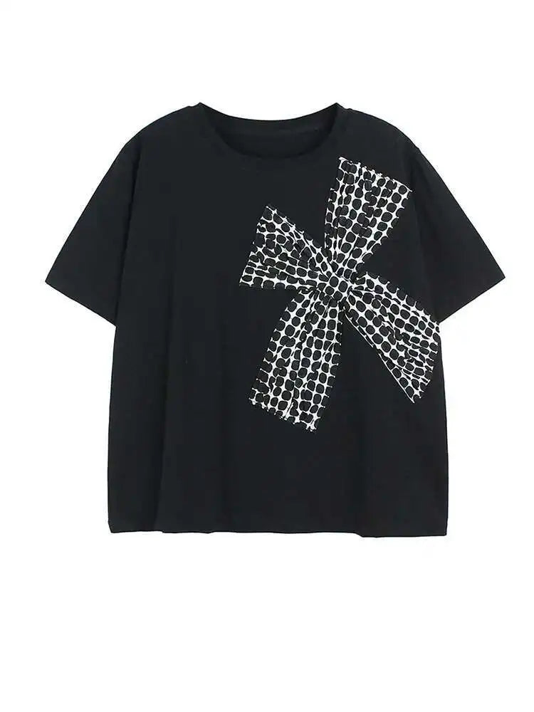 Women Black Plaid Bow Big Size Casual T-shirt New Round Neck Short Sleeve Fashion Tide Spring Summer 2025 1DE9057
