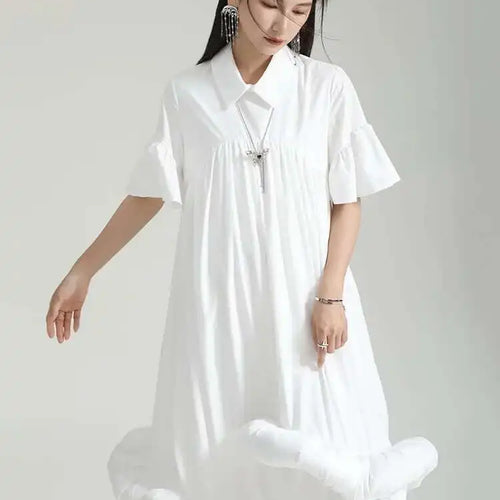 Load image into Gallery viewer, Women White Pleated Hem Ruffles Big Size Shirt Dress New Lapel Short Sleeve Loose Fit Fashion Spring Summer 2025 1DF7190
