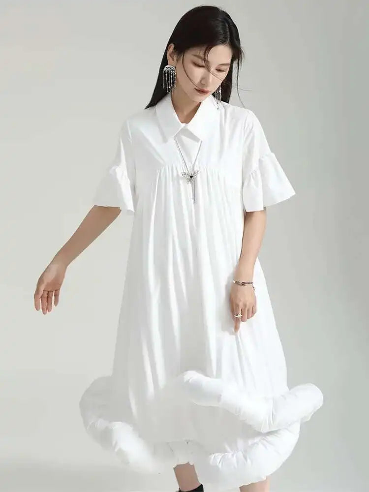 Women White Pleated Hem Ruffles Big Size Shirt Dress New Lapel Short Sleeve Loose Fit Fashion Spring Summer 2025 1DF7190