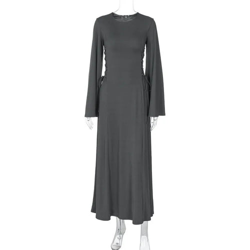 Load image into Gallery viewer, Ribbed Bandage Sexy Maxi Dress For Women Solid Lace-up O Neck Long Sleeve High Waist Elegant Long Dress Fashion
