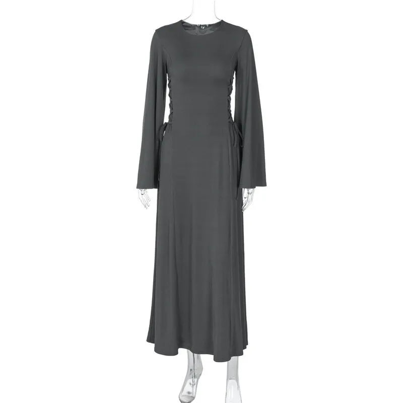 Ribbed Bandage Sexy Maxi Dress For Women Solid Lace-up O Neck Long Sleeve High Waist Elegant Long Dress Fashion