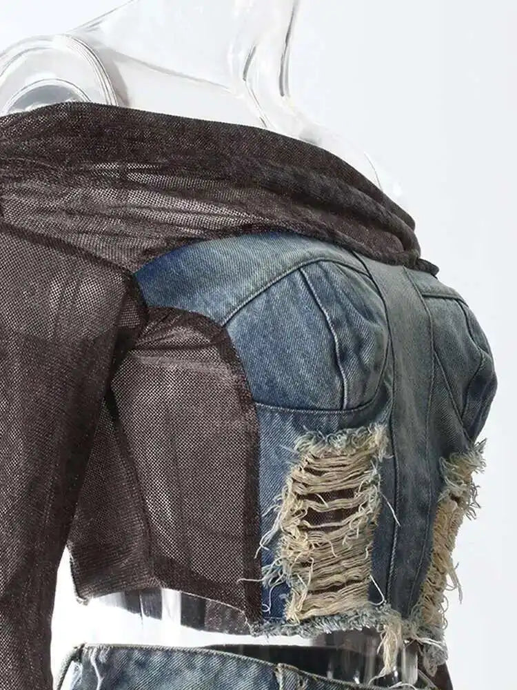 Velvet Denim T-shirt Half-body Skirt Two Pieces Suit New Slash Neck Long Sleeve Women Fashion Spring Autumn 2025 7AB6039