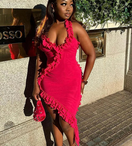 Sexy Double Layer Mesh Ruffles Asymmetrical Women's Dress Draped  Backless Slim Dress Female Party Streetwear 2023 New