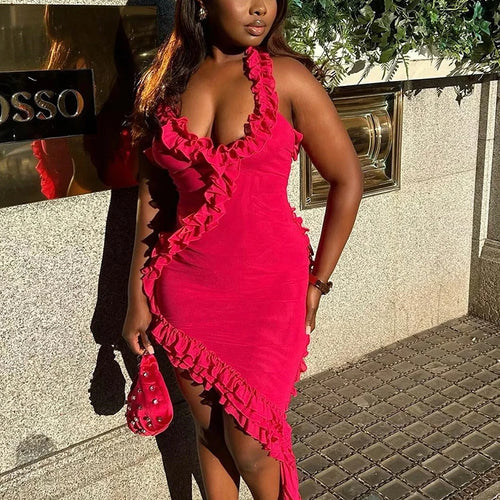 Load image into Gallery viewer, Sexy Double Layer Mesh Ruffles Asymmetrical Women's Dress Draped  Backless Slim Dress Female Party Streetwear 2023 New
