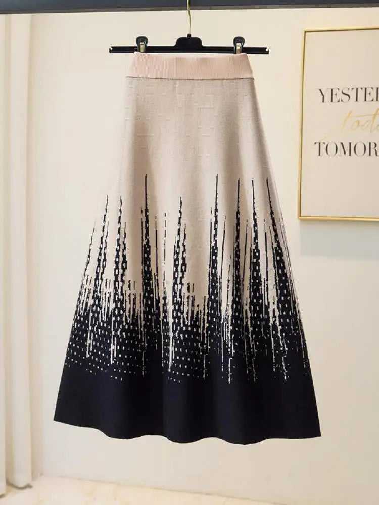 Korean Vintage 2024 Autumn Winter New Elegant Print Crochet Knit Long Skirt Women Casual Thick High Waist Pack Hip A-line Skirts