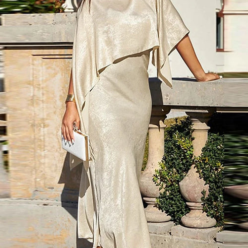 Load image into Gallery viewer, Women Luxury Evening Prom Maxi Dress 2025 Summer Elegant Shiny Cape Asymmterical Batwing Sleeves Long Dresses Autumn
