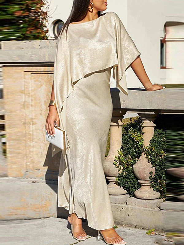 Women Luxury Evening Prom Maxi Dress 2025 Summer Elegant Shiny Cape Asymmterical Batwing Sleeves Long Dresses Autumn