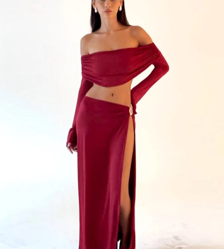 Elegant 2 Piece Sets Solid Slash Neck  Long Sleeve Sexy Crop Top Slit Maxi Skirt Autumn Women Outfits Party Festival