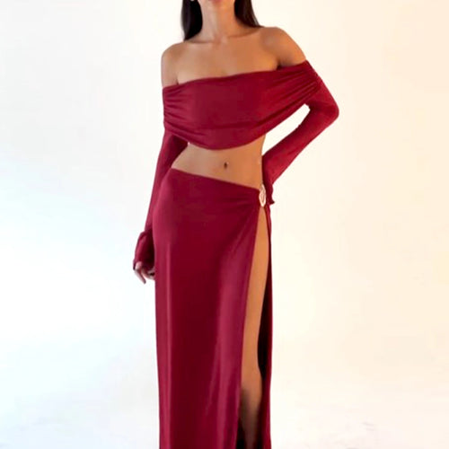 Load image into Gallery viewer, Elegant 2 Piece Sets Solid Slash Neck  Long Sleeve Sexy Crop Top Slit Maxi Skirt Autumn Women Outfits Party Festival
