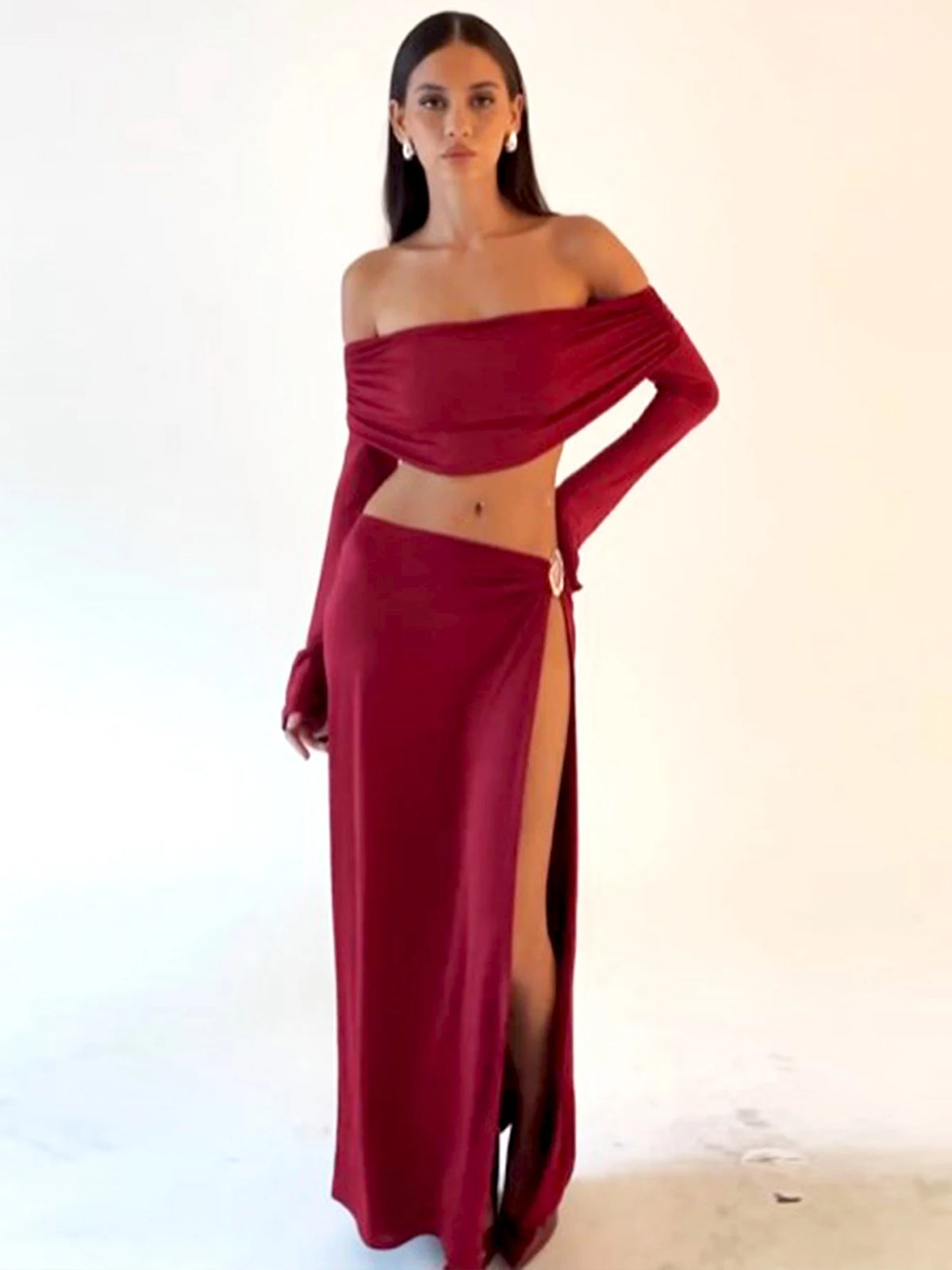 Elegant 2 Piece Sets Solid Slash Neck  Long Sleeve Sexy Crop Top Slit Maxi Skirt Autumn Women Outfits Party Festival