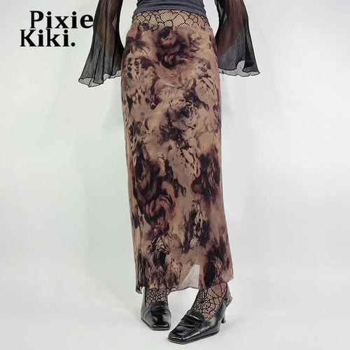 Load image into Gallery viewer, Retro Rose Print Mesh A-line Long Skirt Fairy Grunge Y2k Skirts Women Clothing P84-CE28
