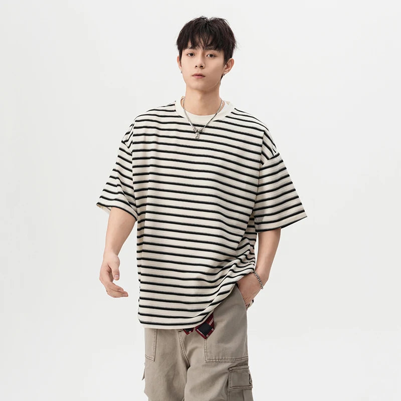 Men's T-shirts New Summer Fashion Striped Design Round Neck Short Sleeve Trendy Clothing Male Causal Pullover Tees 9W1666