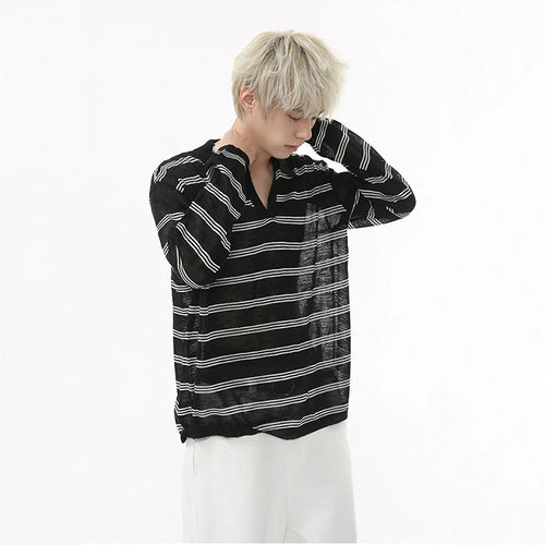 Load image into Gallery viewer, Men's Long Sleeve T-shirts New Korean Contrast Color Striped Design Loose Casual Turn-down Collar Male Handsome Top 9W1677
