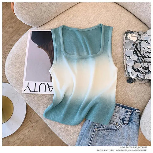 Load image into Gallery viewer, Korean Vintage Elegant Square-neck Gradient Knit Vest Summer Casual Sleeveless Short Tank Tops Women's Holiday Clothing Vestidos
