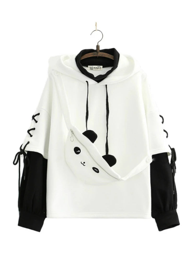 Winter Fleece Hoodies Women Cartoon Panda Print Pocket Patchwork Hooded Sweatshirts Long Sleeve Lace Up Pullover Tracksuits