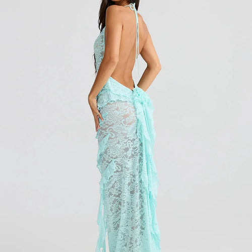 Load image into Gallery viewer, Lace Backless Sexy Maxi Dress Women Gown Halter Lace-up Sleeveless Bodycon Elegant Ruffle Beach Club Long Dress 2025
