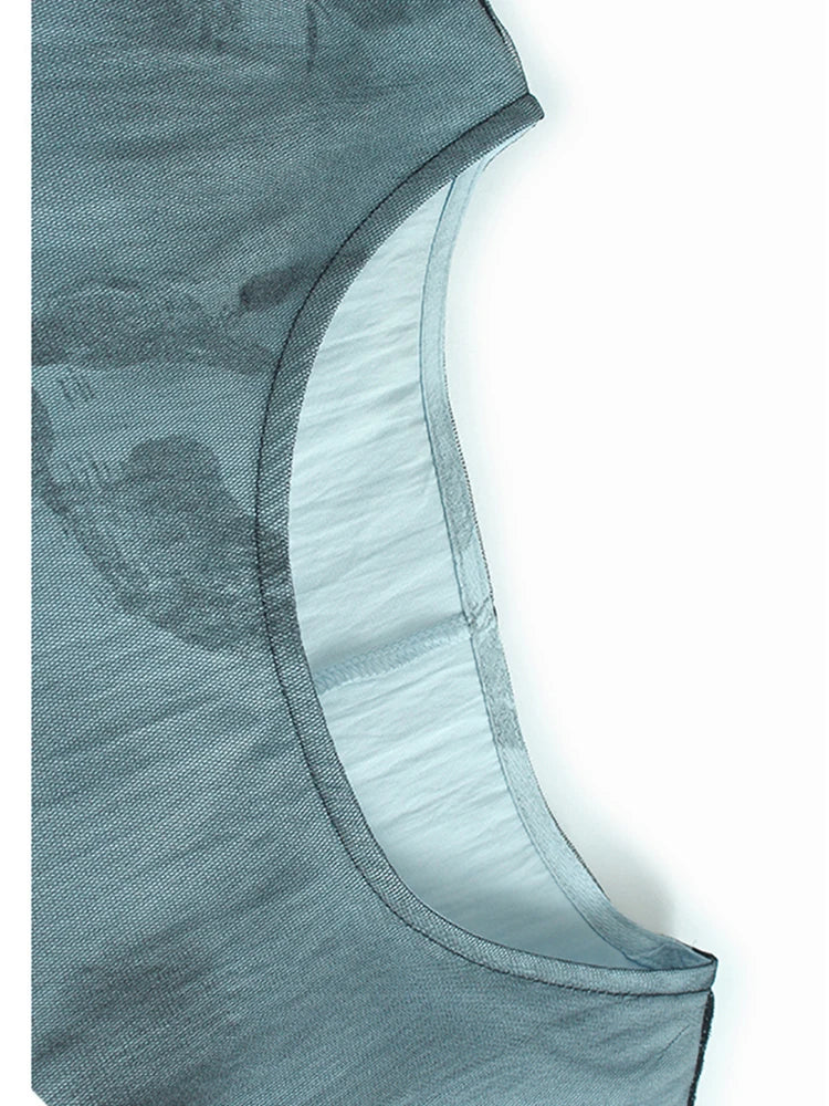 Women Blue Pattern Printed Mesh Big Size Midi Dress New Round Neck Short Sleeve Fashion Tide Spring Summer 2025 1DJ1326