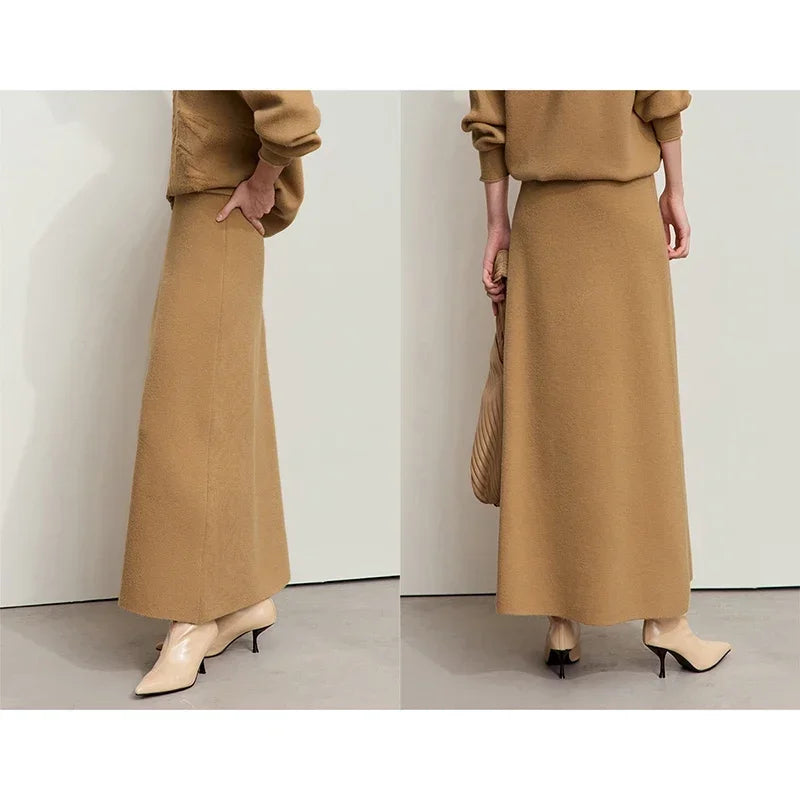 Minimalist Women Knitted Skirts 2024 Fall Winter Casual Elegant Elastic Waist Loose A-line Office Lady Midi Skirt 12444070