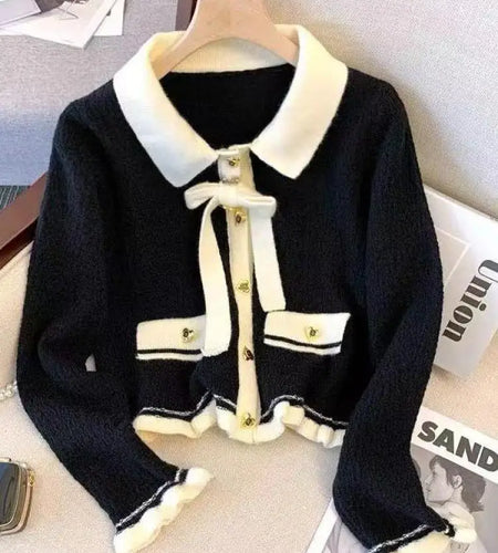 Autumn Winter Black Beige Patchwork Long Sleeves Knitted Sweater French Fashion Women's Elegant Single Breasted Bow Tops Vintage