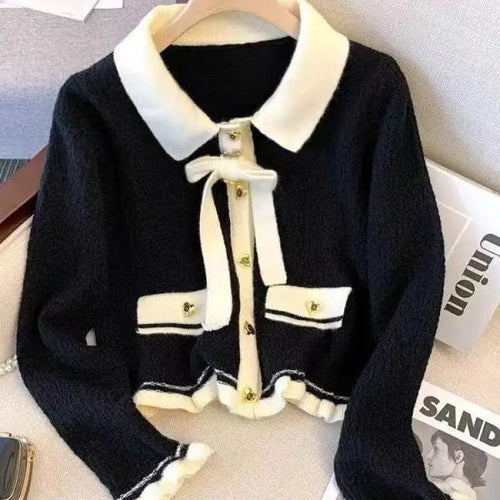 Load image into Gallery viewer, Autumn Winter Black Beige Patchwork Long Sleeves Knitted Sweater French Fashion Women's Elegant Single Breasted Bow Tops Vintage
