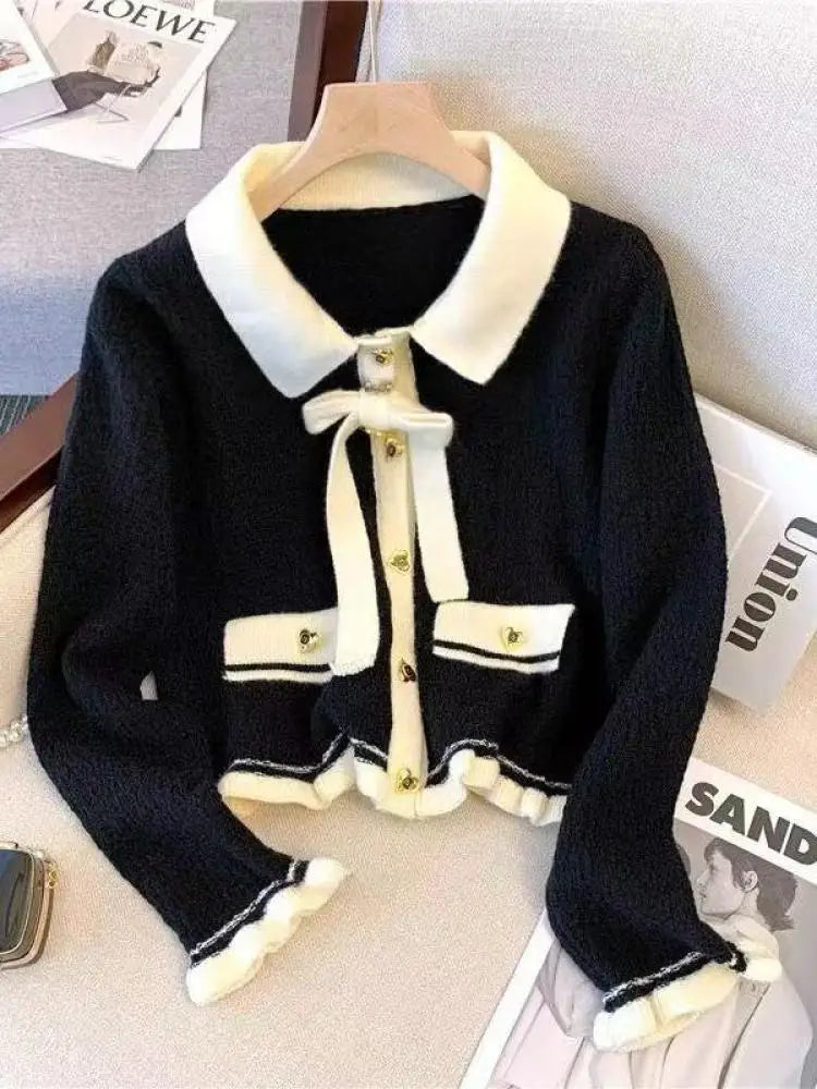 Autumn Winter Black Beige Patchwork Long Sleeves Knitted Sweater French Fashion Women's Elegant Single Breasted Bow Tops Vintage