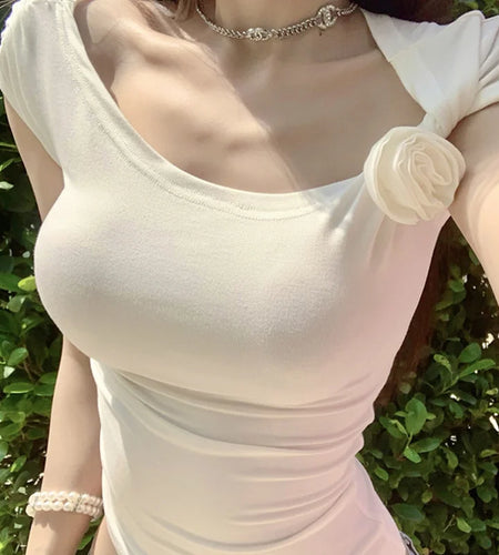 y2k Crop Top Women Sexy Clothes Solid Color Irregular Cap Sleeve T Shirt with 3D Flower 2000s Clothing Club Streetwear