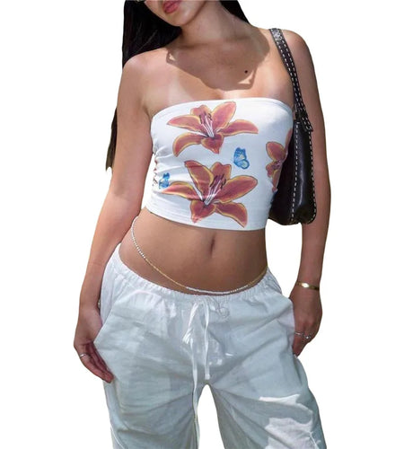 Strapless Top y2k Coquette Clothes Women Floral Print Off Shoulder Sleeveless Bandeau Vest 2000s Clothing Streetwear