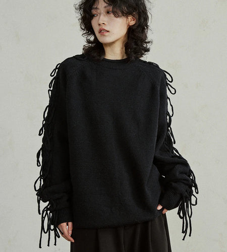Black Tassels Big Size Knitting Sweater Round Neck Long Sleeve Women Pullovers New Fashion Tide Spring Autumn 2025 1DH4320