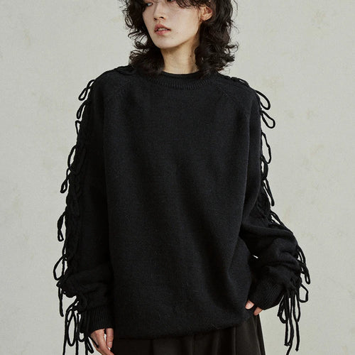 Load image into Gallery viewer, Black Tassels Big Size Knitting Sweater Round Neck Long Sleeve Women Pullovers New Fashion Tide Spring Autumn 2025 1DH4320
