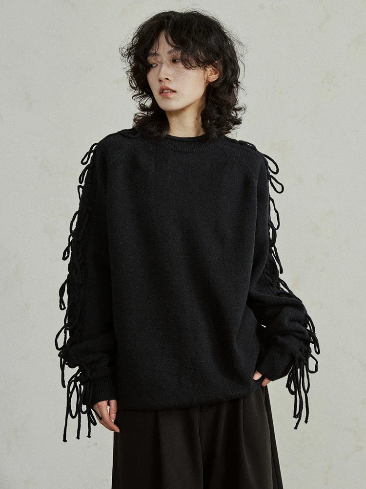 Black Tassels Big Size Knitting Sweater Round Neck Long Sleeve Women Pullovers New Fashion Tide Spring Autumn 2025 1DH4320