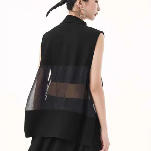 Load image into Gallery viewer, Women Black Mesh Perspective Big Size Elegant Blouse New Lapel Sleeveless Shirt Fashion Tide Spring Summer 2025 1DH9508
