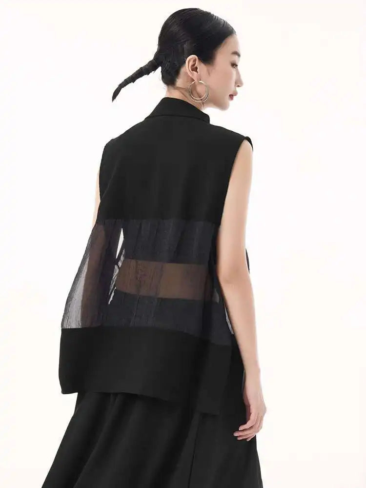 Women Black Mesh Perspective Big Size Elegant Blouse New Lapel Sleeveless Shirt Fashion Tide Spring Summer 2025 1DH9508
