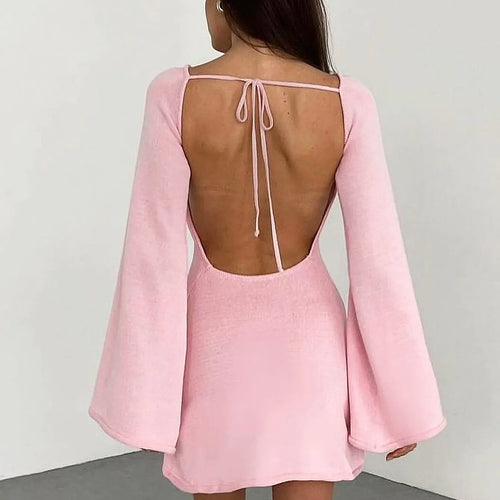Load image into Gallery viewer, Elegant Knitted Long Flare Sleeve Backless Lace Up Sexy Bodycon Mini Prom Dress Autumn Women Y2K Clothes Birthday Party
