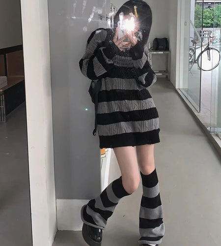 Gothic Sweaters Women Two Pieces Set Harajuku Knitted Striped Jumper + Leg Warmmer Y2k Aesthetic Grunge Tops Streetwear