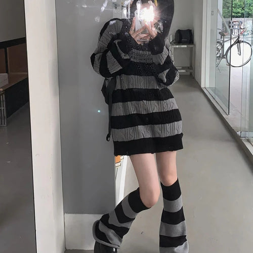 Load image into Gallery viewer, Gothic Sweaters Women Two Pieces Set Harajuku Knitted Striped Jumper + Leg Warmmer Y2k Aesthetic Grunge Tops Streetwear
