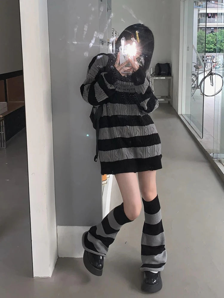 Gothic Sweaters Women Two Pieces Set Harajuku Knitted Striped Jumper + Leg Warmmer Y2k Aesthetic Grunge Tops Streetwear