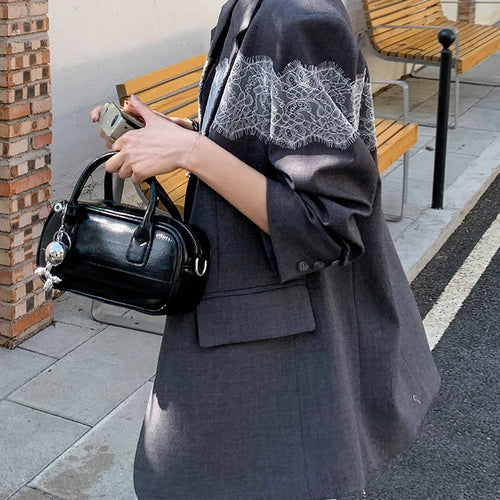 Load image into Gallery viewer, Women Gray Lace Spliced Big Size Elegant Blazer New Lapel Long Sleeve Jacket Fashion Tide Spring Autumn 2025 1DH9712
