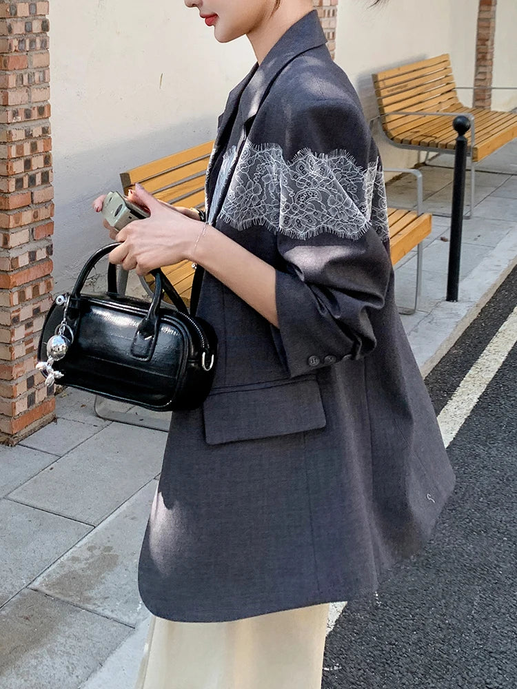 Women Gray Lace Spliced Big Size Elegant Blazer New Lapel Long Sleeve Jacket Fashion Tide Spring Autumn 2025 1DH9712