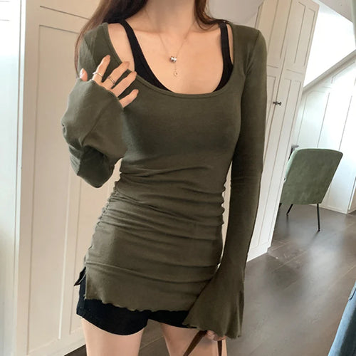 Load image into Gallery viewer, y2k Tops for Women Aesthetic Clothing Solid Color Round Neck Flared Long Sleeve T Shirts 2000s Clothes Streetwear
