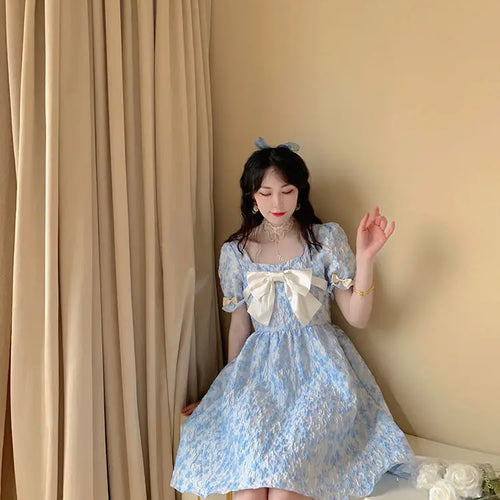 Load image into Gallery viewer, Sweet Fairy Floral Dress Women Preppy Style Soft Kawaii Flower Print Princess Short Dresses Square Collar Summer Bow
